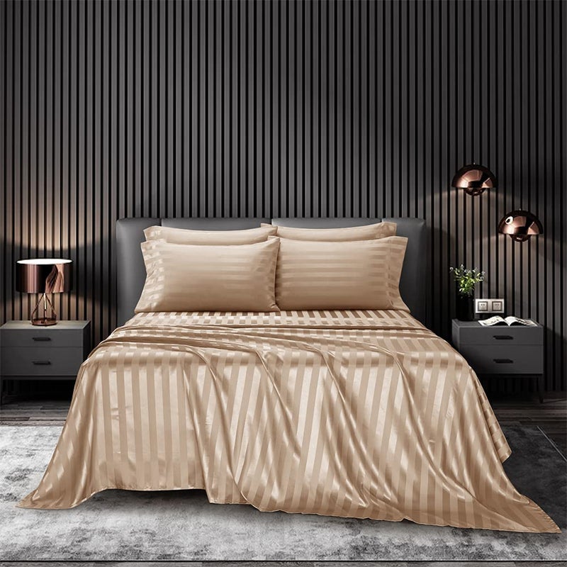 AiMay 6 Piece Satin Italian Style Bed Sheet Set Deep Pocket Striped 1800 Luxury Rich Silk 1 Flat Sheet 1 Fitted Sheet 4 Envelope Pillowcases Stain-Resistant Wrinkle Free (Queen,Taupe) - Image 2